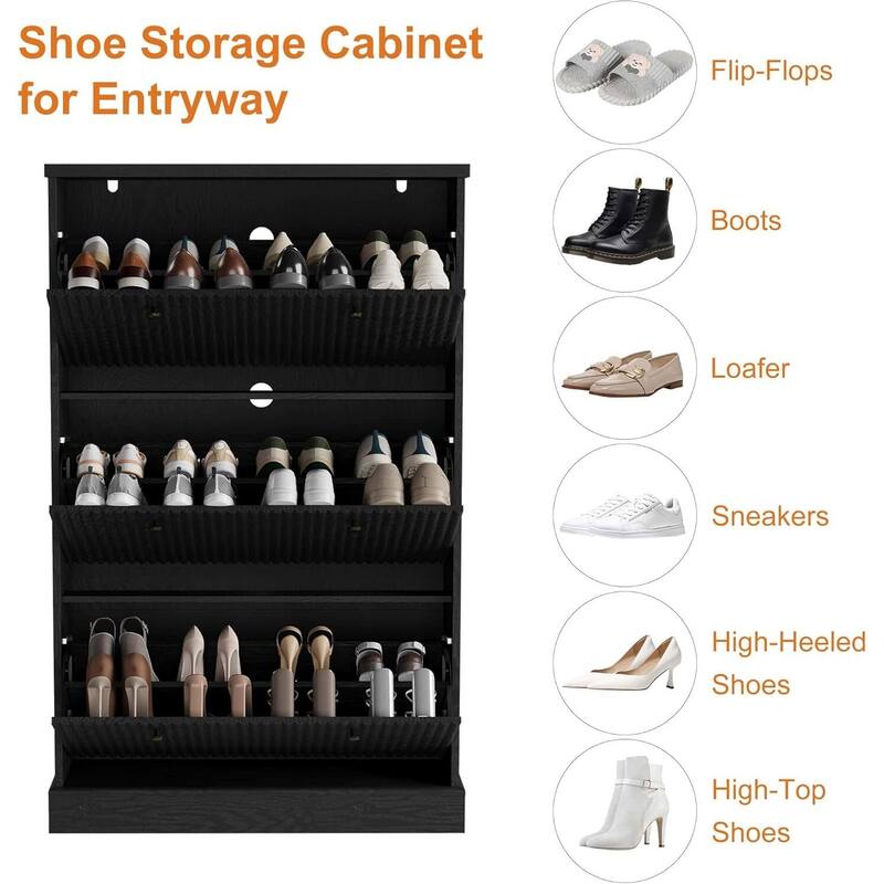 Freestanding Fluted Shoe Cabinet Organizer for Entryway, Hallway, Living Room with 3 Flip Drawers