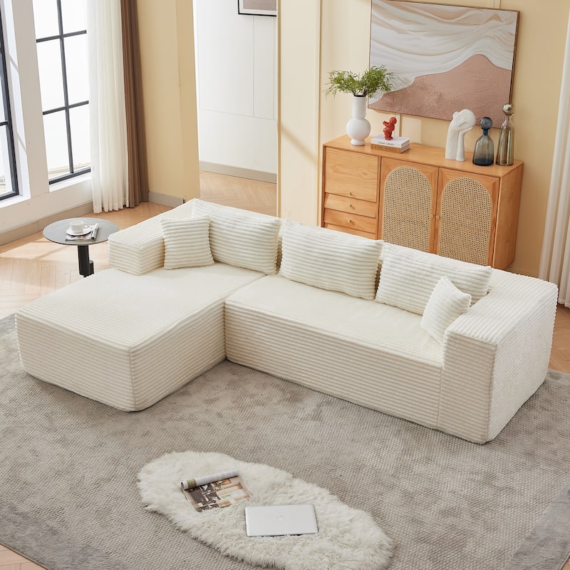 Floor Standing Modular Deep Seat Couch Corduroy L-shaped Sectional Sofa with Chaise Lounge, Pillows and Square Arms