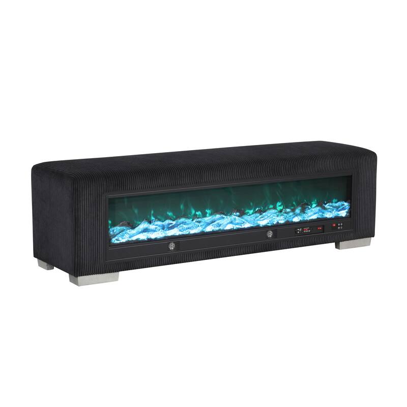 Furniture of America Goffney Chenille Bench with Fireplace Simulator and Bluetooth Audio
