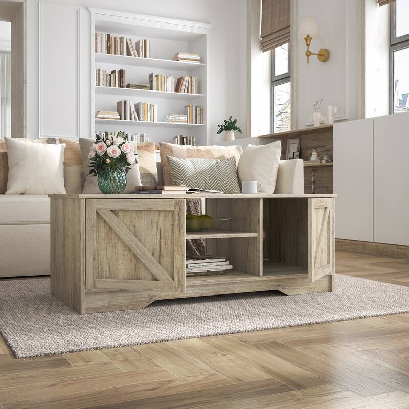 47" Rustic Farmhouse Coffee Table with Storage & Sliding Doors