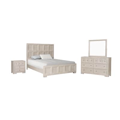 Kizie 4pc Queen Bedroom Set, Nightstand, Dresser Mirror, Beige Wood