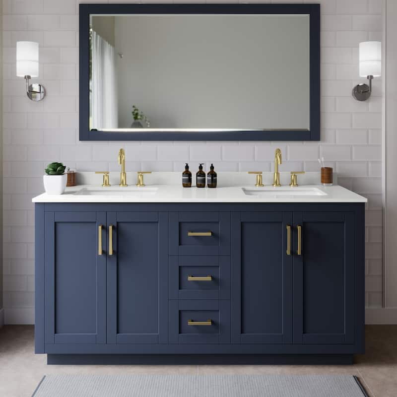 Wyndham Collection WCF292966D-QTZ-US3M58 Miranda 66" Free Standing - Dark Blue / White Quartz Top / Brushed Gold