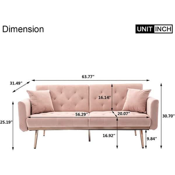 dimension image slide 5 of 8, Velvet Futon Sofa Bed with Two Pillows, Convertible Couch for Living Room and Bedroom