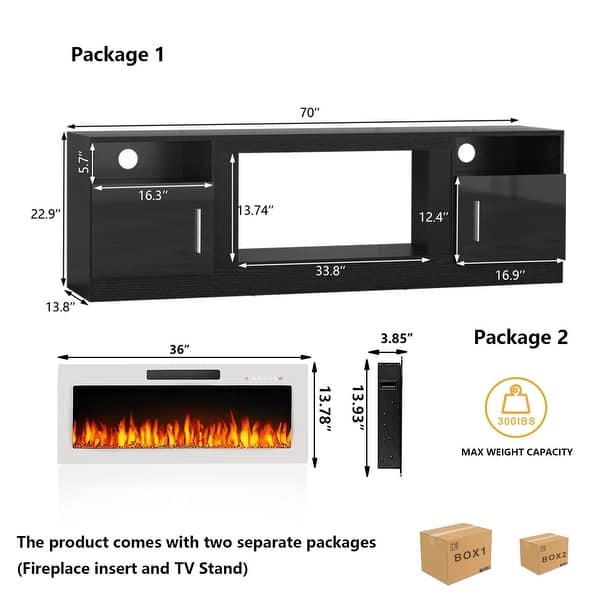 dimension image slide 5 of 6, Bossin 70" Fireplace TV Stand with 36" Electric Fireplace, TV Stand for TVs Up to 80", 20 Colors LED Lights/Entertainment Center