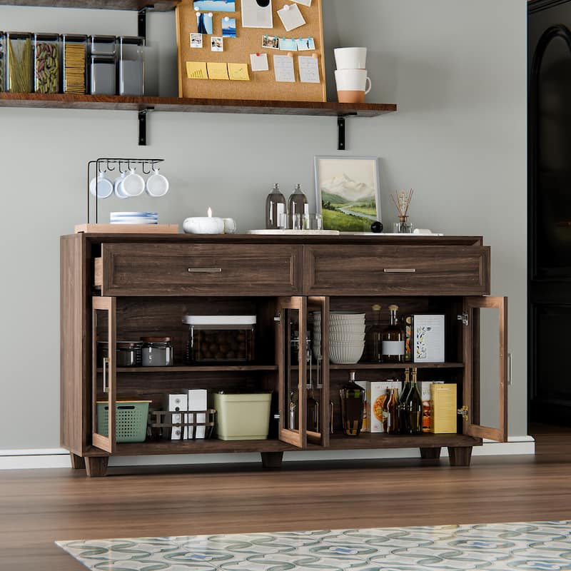 Glass Storage Cabinet with Doors,TV Stand for Living Room,Pantry,Brown/White