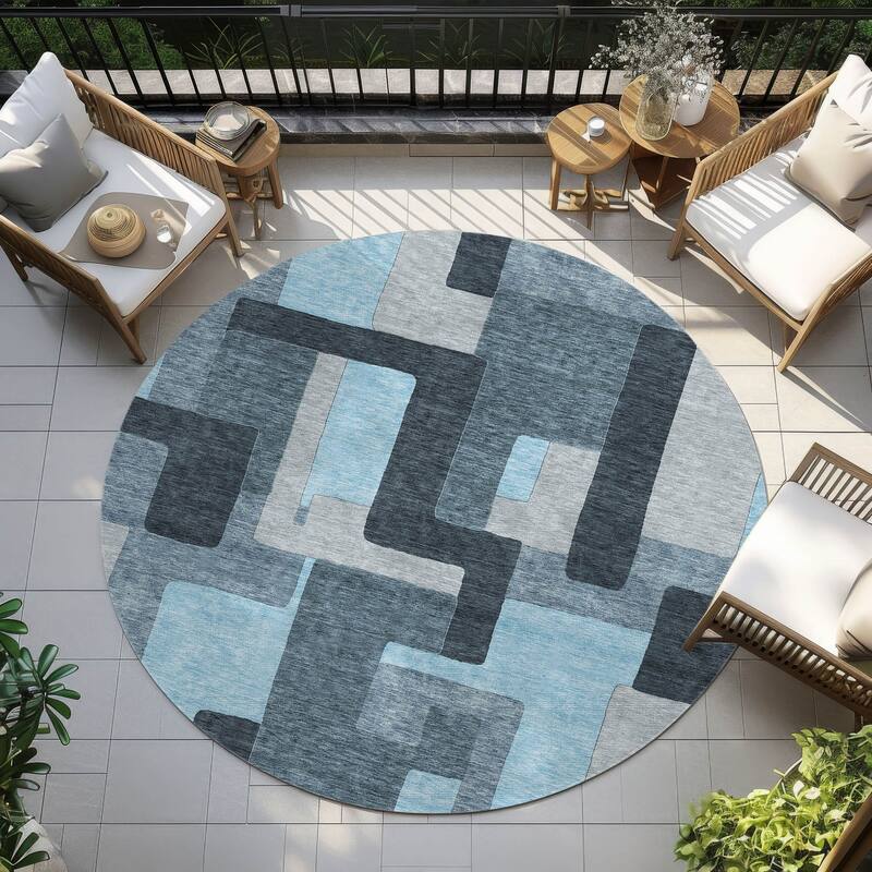Machine Washable Indoor/ Outdoor Contempoary Blocks Chantille Rug - Sky - 8' x 8'