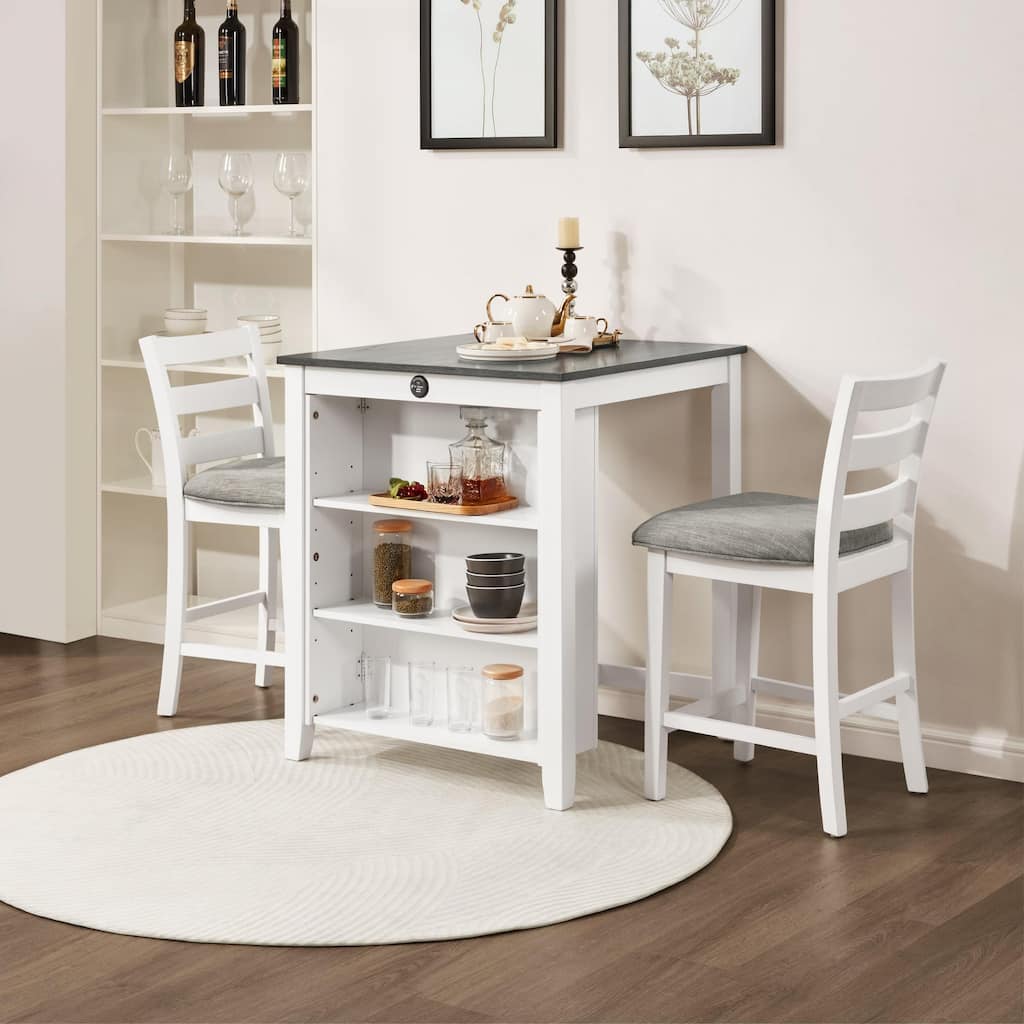 Homy Lin 3-Piece Dining Set with USB/Type-C Charging Ports, 30" Rubberwood Table with Storage Shelves and 2 Upholstered Chairs