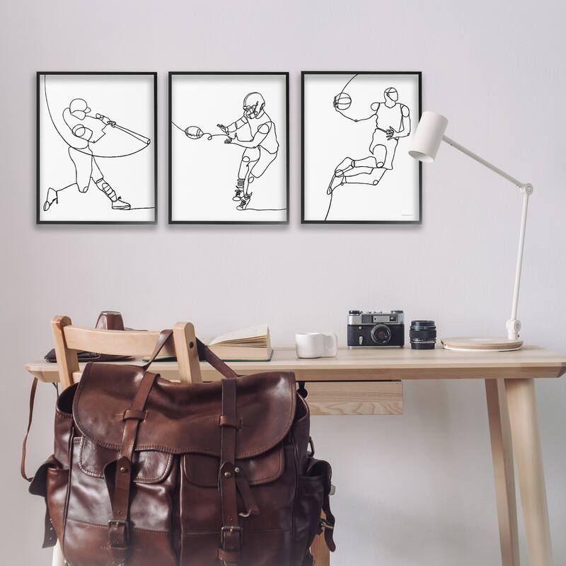 Stupell Simple Line Doodle People Playing Sports Baseball Football Basketball Framed 3 Piece Wall Art - Black