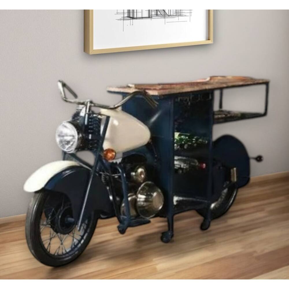 HomeRoots Blue and White Metal And Solid Wood Rolling Bar Cart With Wine Storage - 90.00 in. x 39.00 in. x 18.00 in.