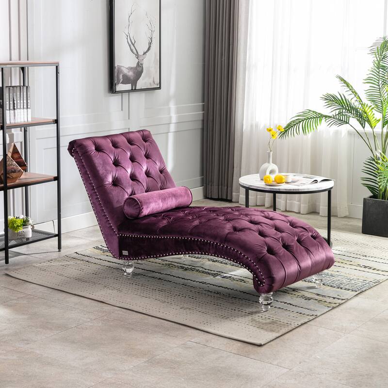 Velvet Tufted Chaise Lounge Chair Ergonomic S Shape Recliner with Pillow, Nailhead Trim and Acrylic Legs for Indoor Use