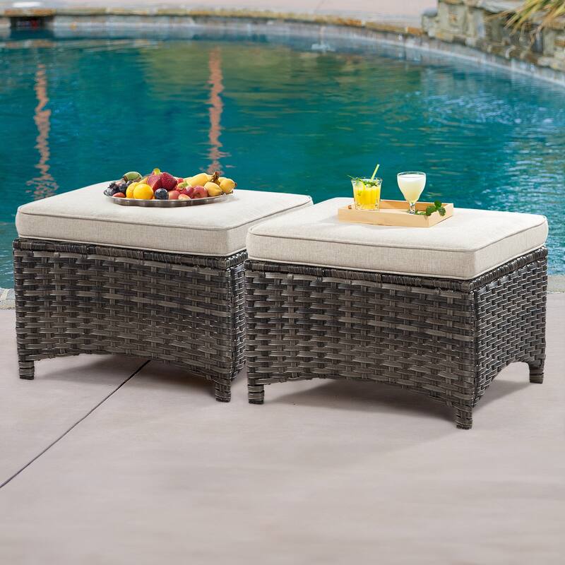Cozywor 2-Piece Wicker Outdoor Patio Ottoman Set with Cushions - Beige