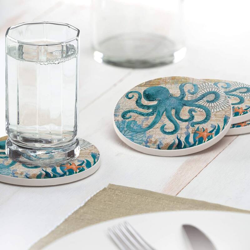CounterArt Absorbent Stone Tumbled Tile Round Coaster Set - 4 Pack- Monterey Bay Octopus - 4x4