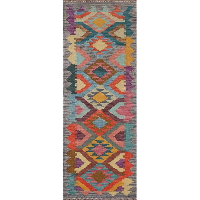 Reversible Kilim Oriental Runner Rug Flatweave Wool Carpet - 2'1"x 6'7"