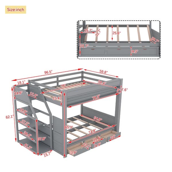 dimension image slide 0 of 2, Convertible Design Full over Full Size Wooden Bunk Bed with Storage Staircase, Bedside Table, and 3 Drawers