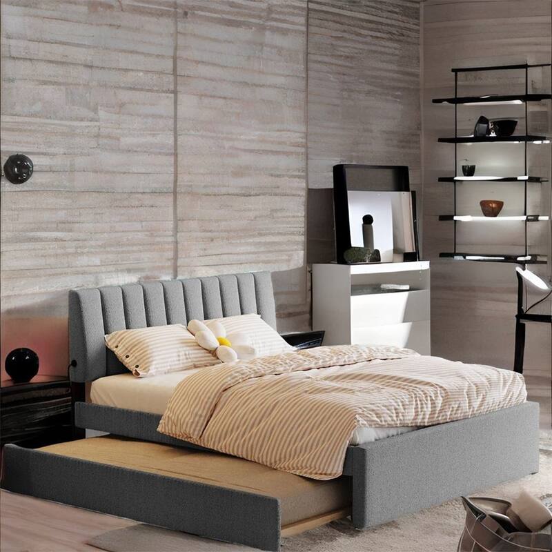 Queen Size Upholstered Platform Bed with Trundle and LED Bed Frame