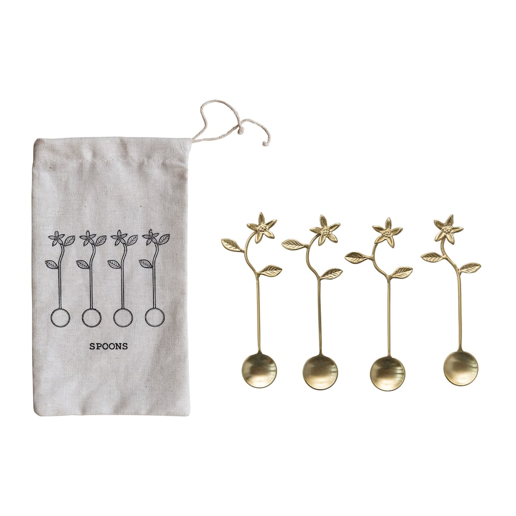Stainless Steel and Brass Spoons with Flower Handles - 5.4"L x 1.1"W x 0.3"H - 5.4"L x 1.1"W x 0.3"H