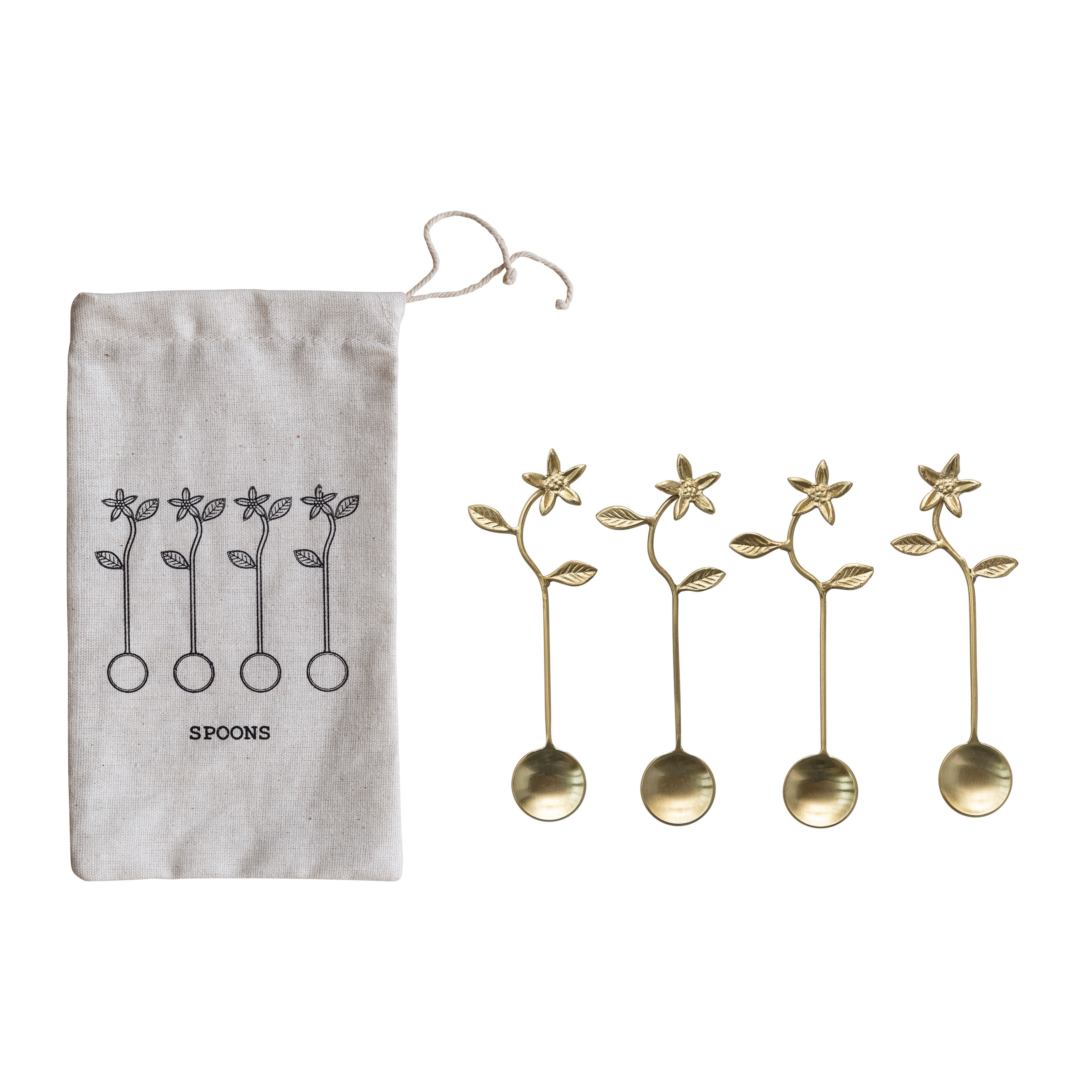 Stainless Steel and Brass Spoons with Flower Handles - 5.4"L x 1.1"W x 0.3"H - 5.4"L x 1.1"W x 0.3"H