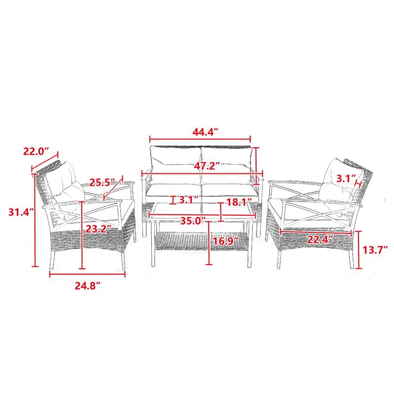Patio 4 piece sectional low dining conversation sofa set- KD rattan wicker outdoor garden furniture corner sofa set with cushion