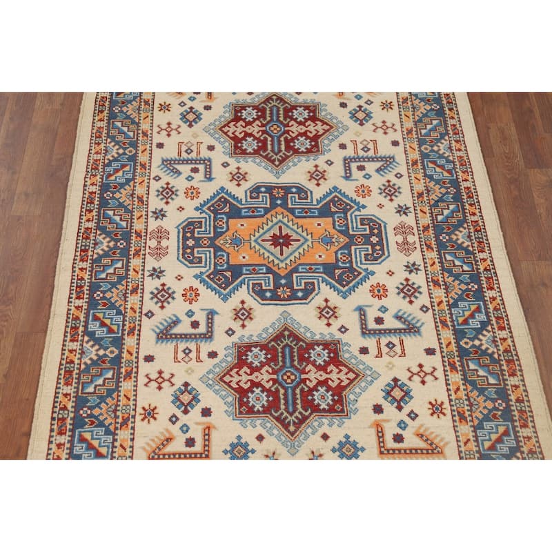 Geometric Ivory Kazak Accent Rug Handmade Wool Carpet - 4'0" x 5'11"