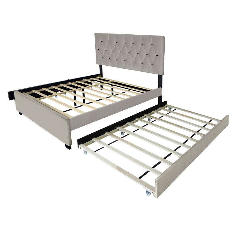 Queen Size Platform Bed with Gold Tufted Headboard, Trundle & Storage (600lb Capacity)