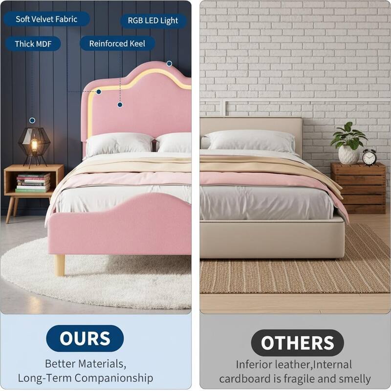 Bed Frame, Adjustable LED Headboard and Footboard