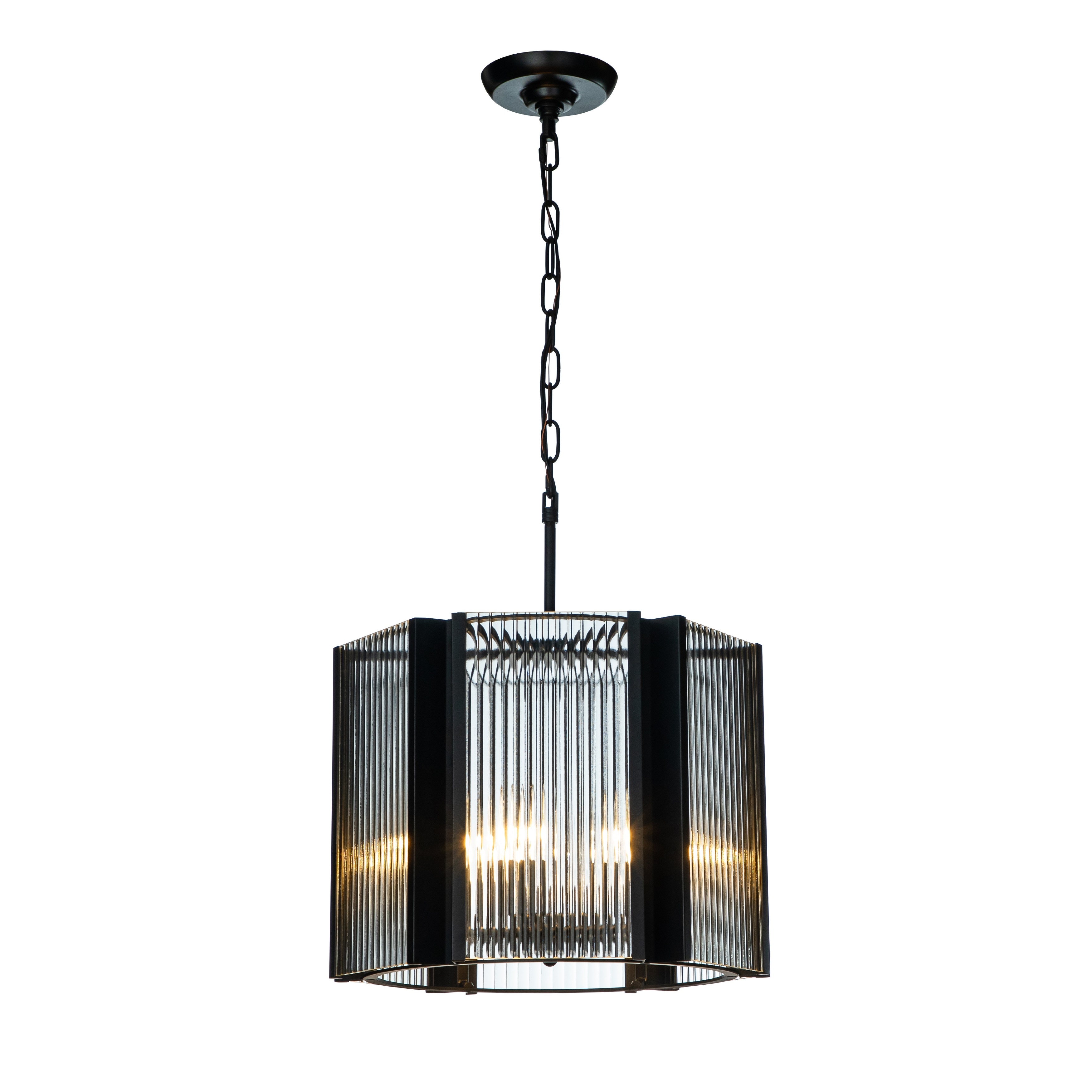 6 Light Black Contemporary And Modern Wrought Iron Round Lantern Drum Chandelier With Clear Fluted Glass Panels Shade Open Box