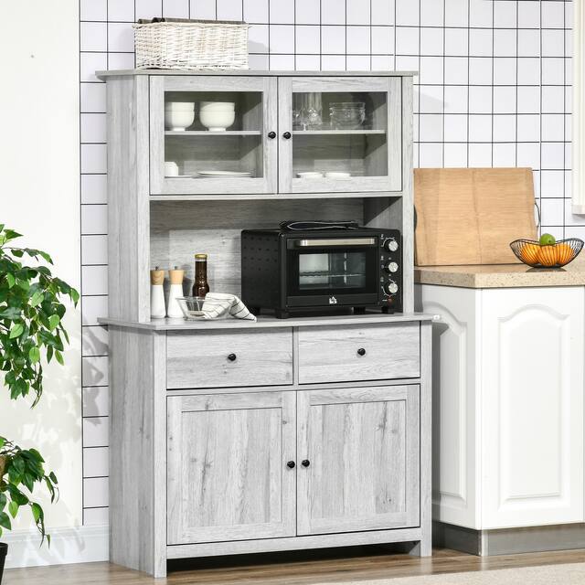 HOMCOM 63.5" Kitchen Buffet with Hutch, Pantry Storage Cabinet with 4 Shelves, Drawers, Framed Glass Doors - Grey