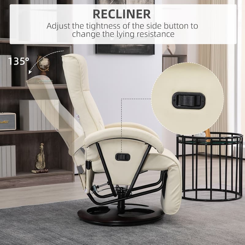 HOMCOM PU Recliner with Footrest, Lounge Chair with 135° Adjustable Backrest, Swivel Wood Base