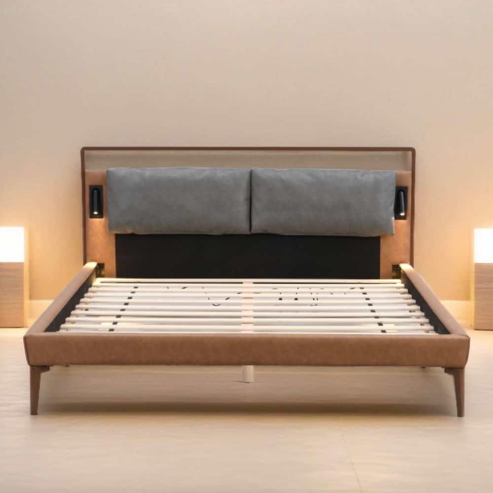 Leather Upholstered Platform Bed, Faux Leather Headboard with 2 LED Lights