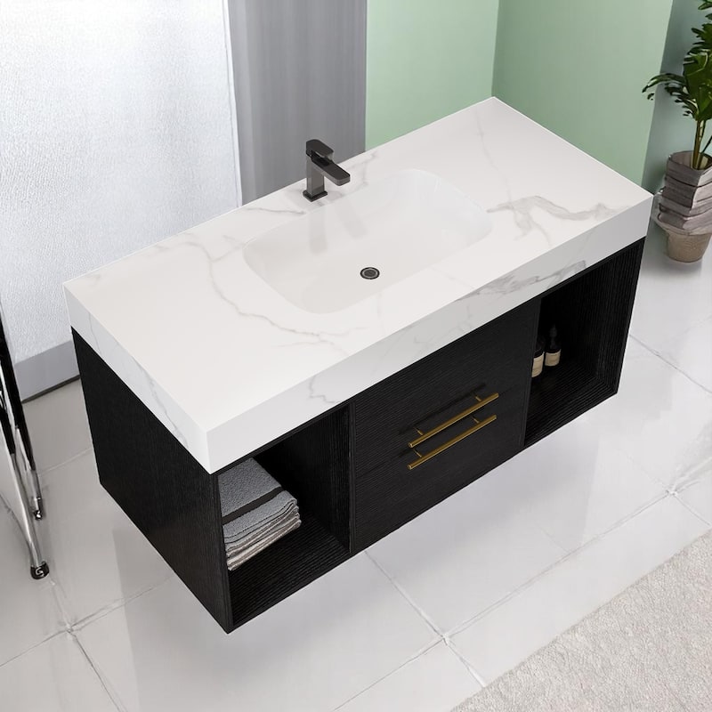 Modern 39.4 Inch Floating Bathroom Vanity with Ceramic Sink, Solid Wood Cabinet & Gold Metal Handles