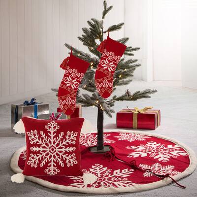 Glitzhome Knitted Snowflake Christmas Stocking&Tree Skirt&Pillow Cover