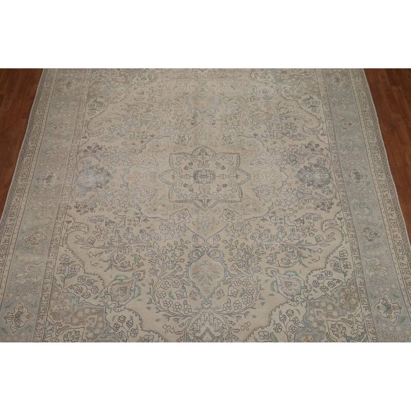 Hand Knotted Oriental 100% Wool Carpet Traditional Floral Beige & Ivories Tabriz Area Rug - 12' 6'' X 9' 10''