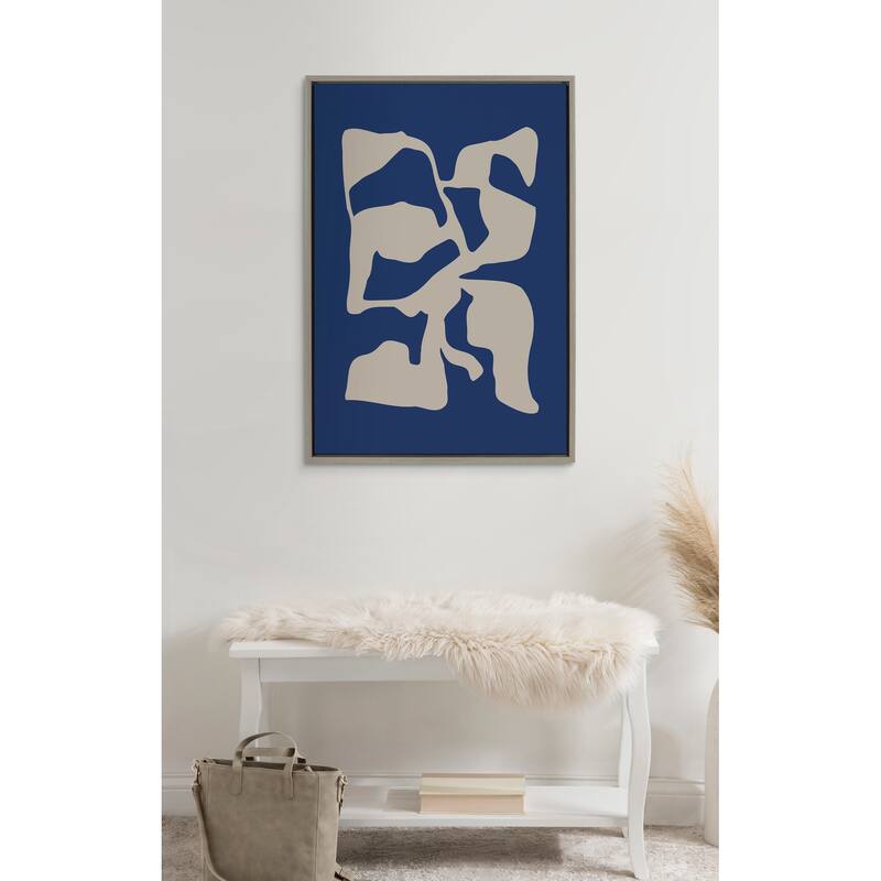 Kate and Laurel Sylvie Distorted Shapes of Blue and Tan Framed Canvas by The Creative Bunch Studio