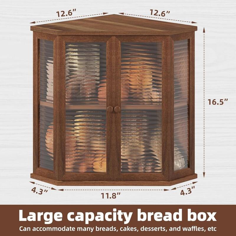 Extra-large locust wood square bread box 16.5-inch wooden bread box with glass wave door, farmhouse style design.