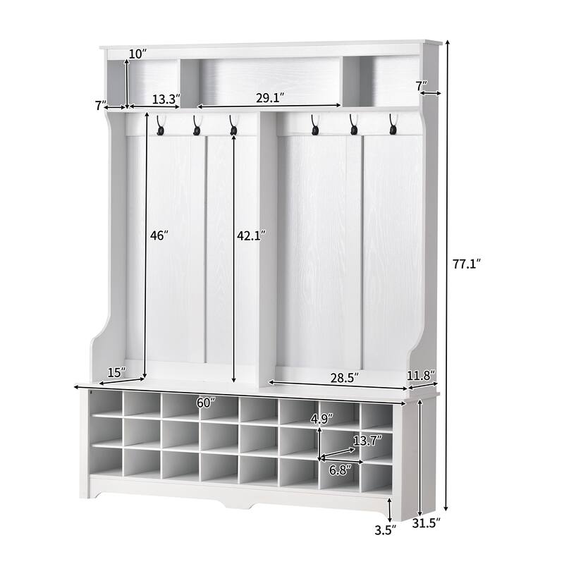 60" Wide White Hall Tree with 24 Shoe Cubbies, Metal Black Hooks