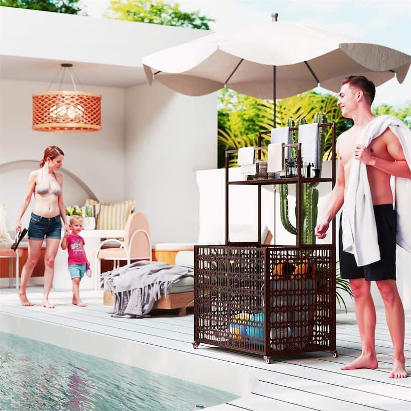 Wicker Pool Storage Basket with Wheels Shelf and Steel Frame for Outdoor Pool Supplies Organization