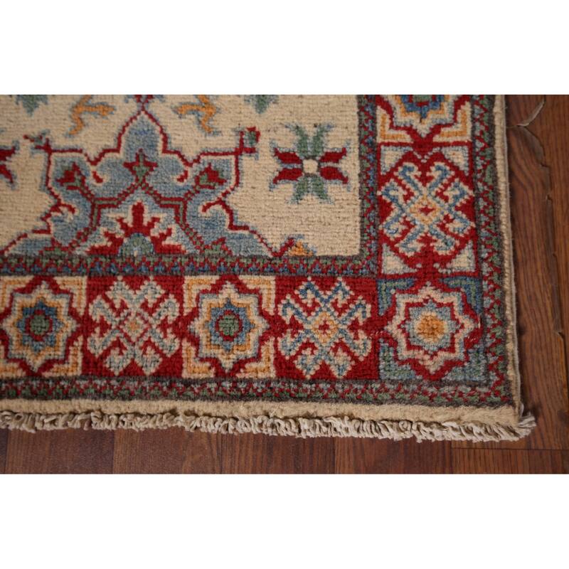 Geometric Kazak Foyer Rug Hand-Knotted Beige Wool Carpet - 1'11" x 2'11"