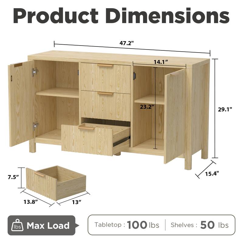 Meyreso 55" Wide Coffee Bar with 2 Adjustable Shelves, Modern Farmhouse Sideboard Buffet with 4 Drawers