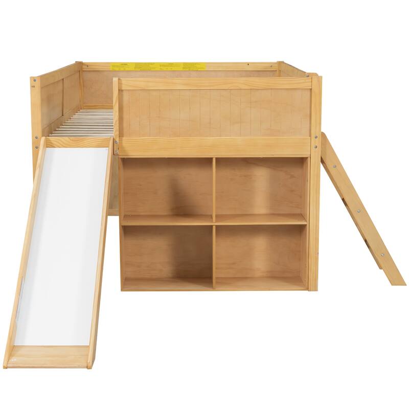 Full Size Wooden All-in-One Fairytale Low Loft Bed with Side Storage Shelves and Slide, Door and Window Design