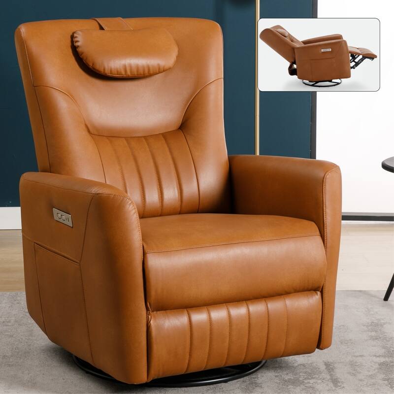 Beige Power Recliner with Swivel, Rocking Motion & Lumbar Pillow - Yellow Brown