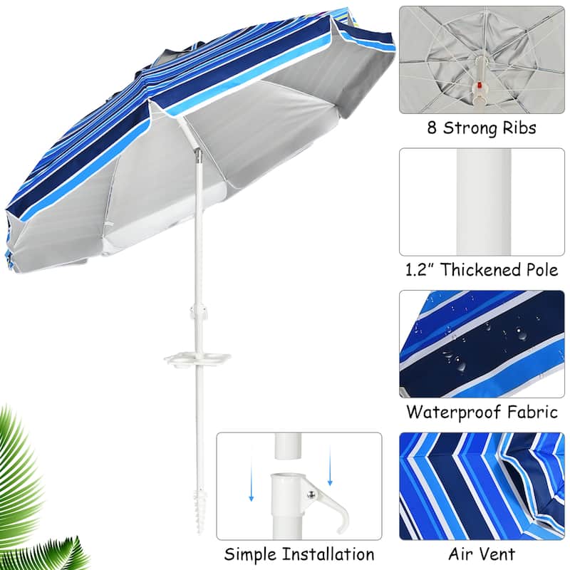 Costway 7.2 FT Portable Beach Umbrella Tilt Sand Anchor Cup Holder - 7.2' x 7.2'
