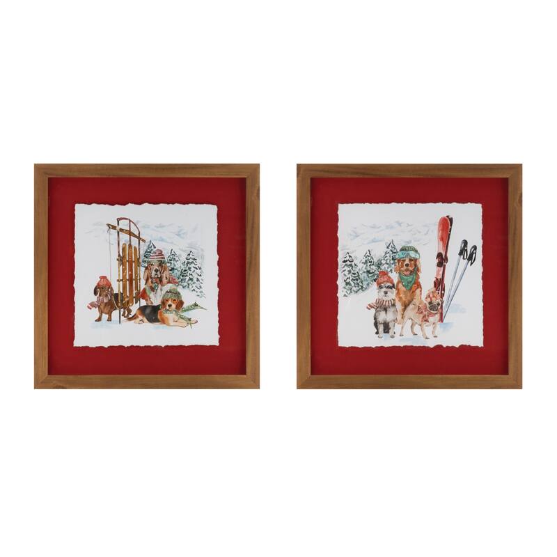 HomeRoots Set Of Two Dog Sled and Ski Brown Framed Wall Art