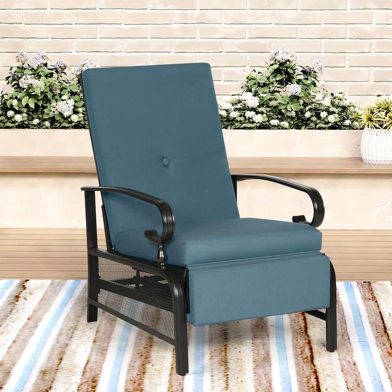Outdoor Metal Patio Adjustable Recliner Lounge Chair & Bistro Table Set, Retractable Steel Frame and Removable Thick Cushion - Blue