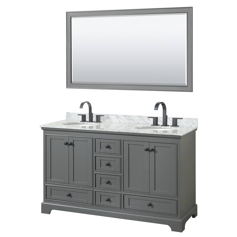 Wyndham Collection Deborah 60" Free Standing Double Vanity Set with - Dark Gray / White Carrara Marble Top / Matte Black - Steel Finish
