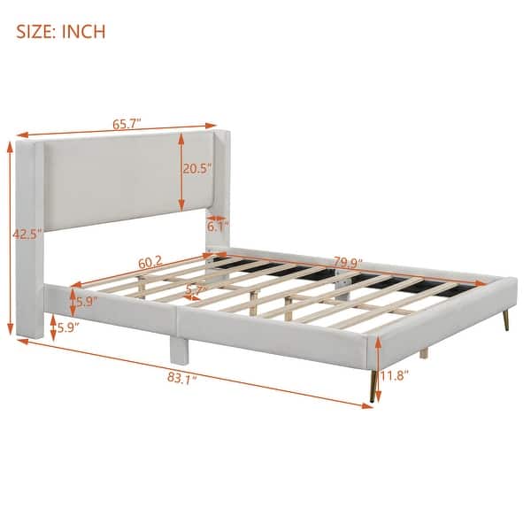 dimension image slide 1 of 3, Queen Size Corduroy Upholstered Platform Bed with Wingback Headboard
