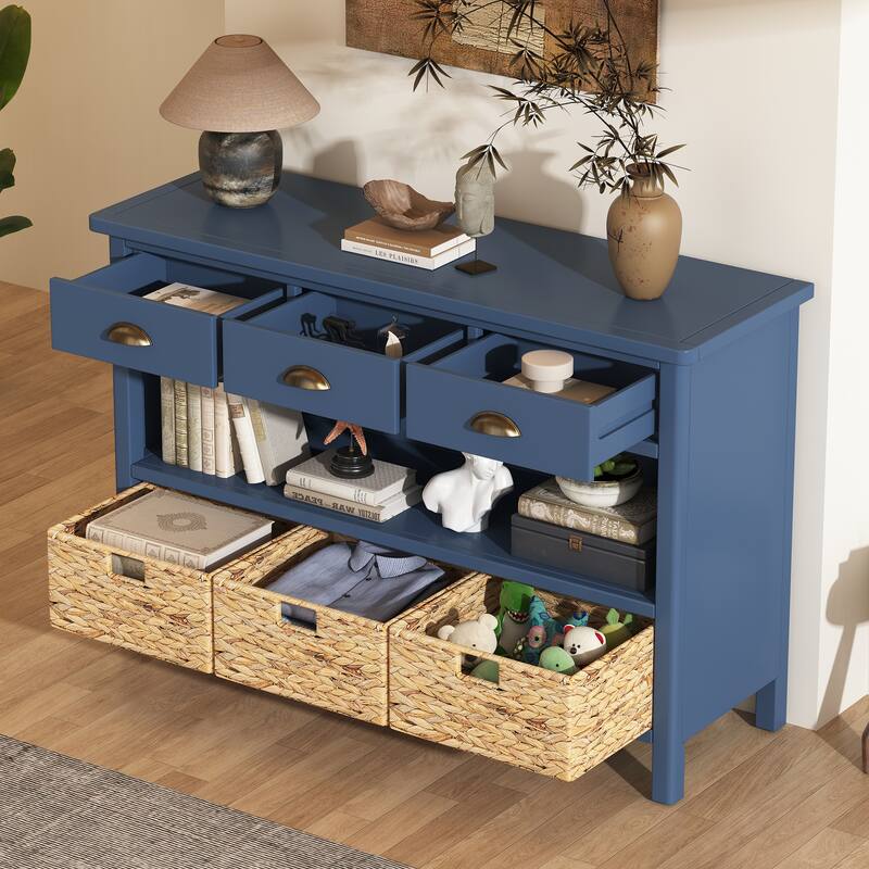 Console Table with 3 Storage Drawers, Entryway Table with 3 Water Hyacinth Woven Baskets, Sofa Table with Wooden Top