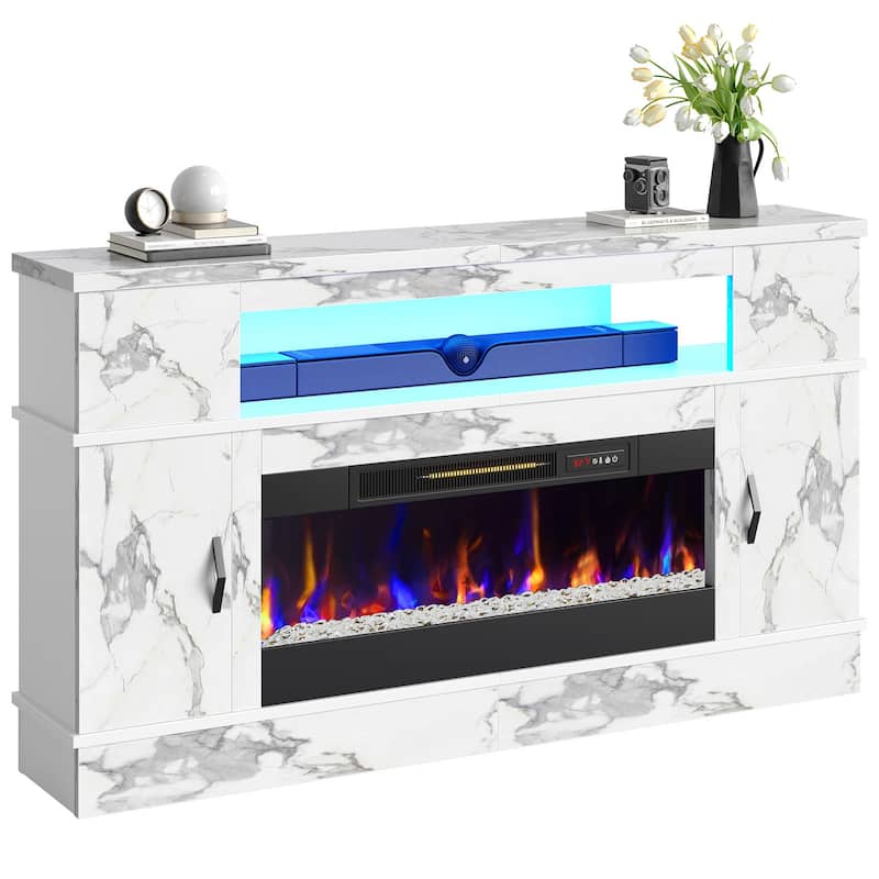 Bestier 63 in. White Marble Freestanding Electric Fireplace TV Stand Fits TV Up to 70 in. Entertainment Center with Cabinet