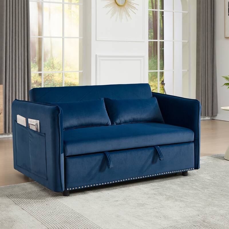 3 in 1 Convertible Sleeper Futon Sofa Bed, 55" Blue Velvet Loveseat with Reclining Backrest and Side Pockets - Multi-Color