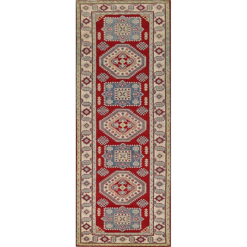 Red Geometric Kazak Runner Rug Handmade Oriental Wool Carpet - 4'1" x 13'8"