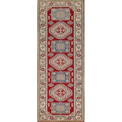 Red Geometric Kazak Runner Rug Handmade Oriental Wool Carpet - 4'1" x 13'8"